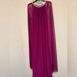 R&M Richards Magenta Sheer Cape Maxi Dress with Jeweled Neckline